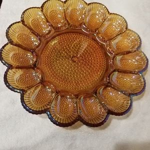 Vntg Indiana Glass Amber Carnival Glass Egg Plate